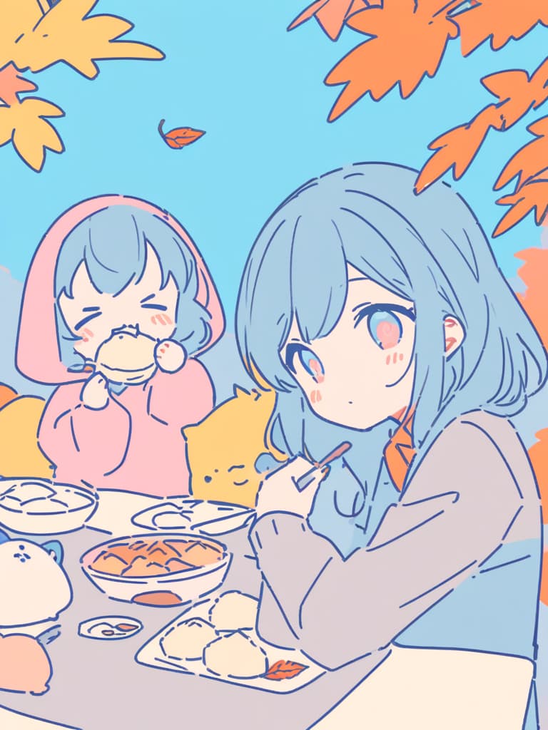  masterpiece,flat color,stamp painting,autumn leaves,🍁,cute squirrel and cute sloth,eating dumplings,pastel blue background