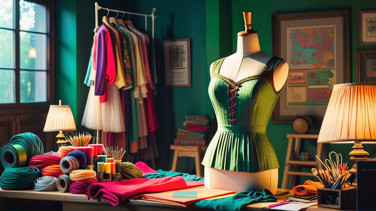  a vibrant workshop scene filled with colorful fabrics, intricate patterns, and a variety of sewing tools. a half finished costume stands on a mannequin, surrounded by reference images and sketches, showcasing creativity and craftsmanship. hyperrealistic, full body, detailed clothing, highly detailed, cinematic lighting, stunningly beautiful, intricate, sharp focus, f/1. 8, 85mm, (centered image composition), (professionally color graded), ((bright soft diffused light)), volumetric fog, trending on instagram, trending on tumblr, HDR 4K, 8K