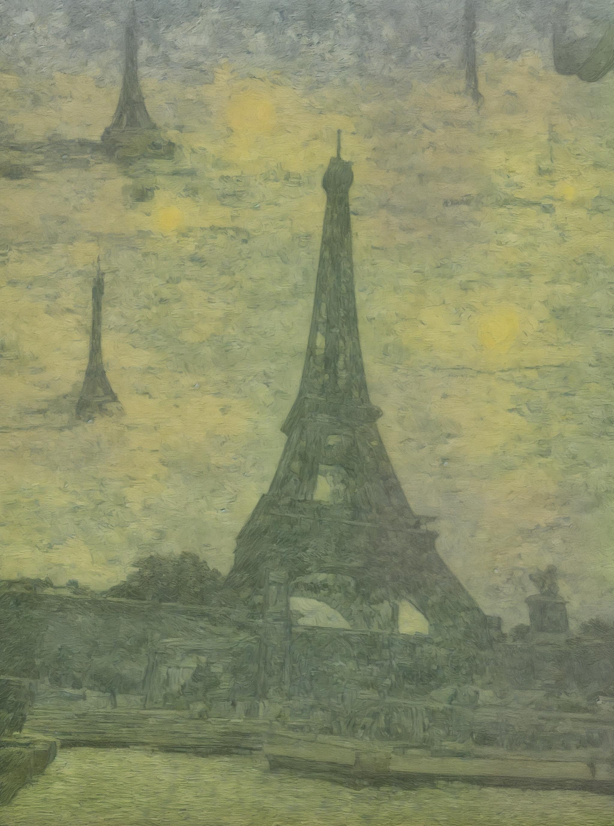  a beautiful painting of the eiffel tower with water in front surrounded by leaves by van gogh, v0ng44g, p0rtr14t, beautiful detailed art, masterpiece,