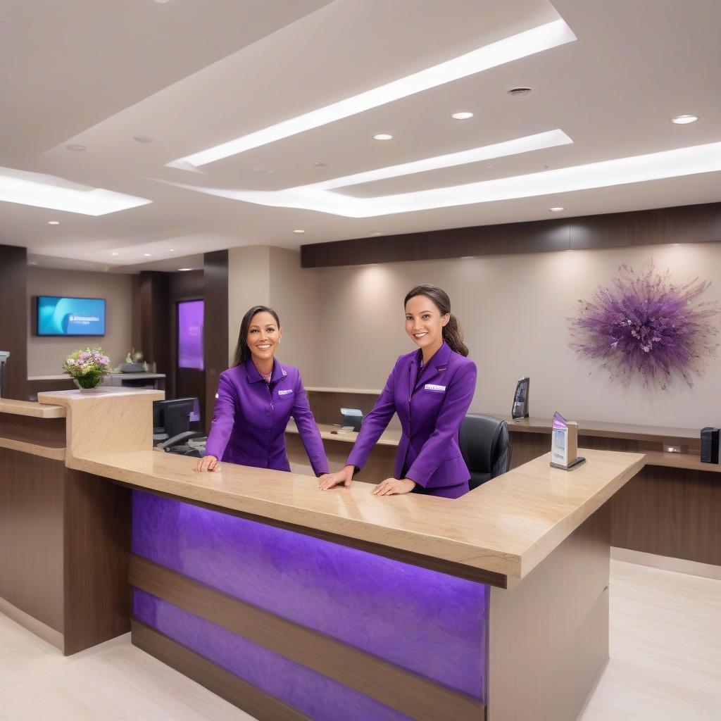  real estate photography style future of hotel staff training, reception desk, people in purple uniforms, clients, mobility . professional, inviting, well lit, high resolution, property focused, commercial, highly detailed, perfecteyes