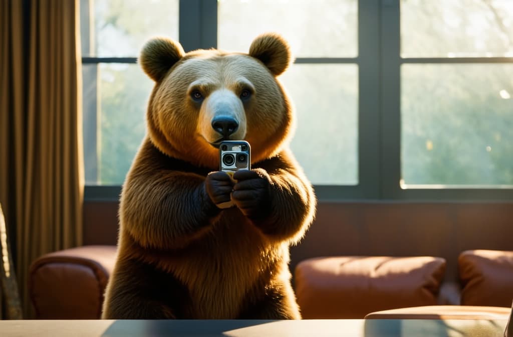  cinematic film style, a bear taking a selfie with fish ar 3:2, shallow depth of field, vignette, maximum details, high budget hollywood movie, bokeh, cinemascope, moody, epic, gorgeous, sun rays and shadows on furniture and surfaces, flattering light, raw photo, photography, photorealistic, 8k resolution, f1.4, sharpened focus, sharp focus