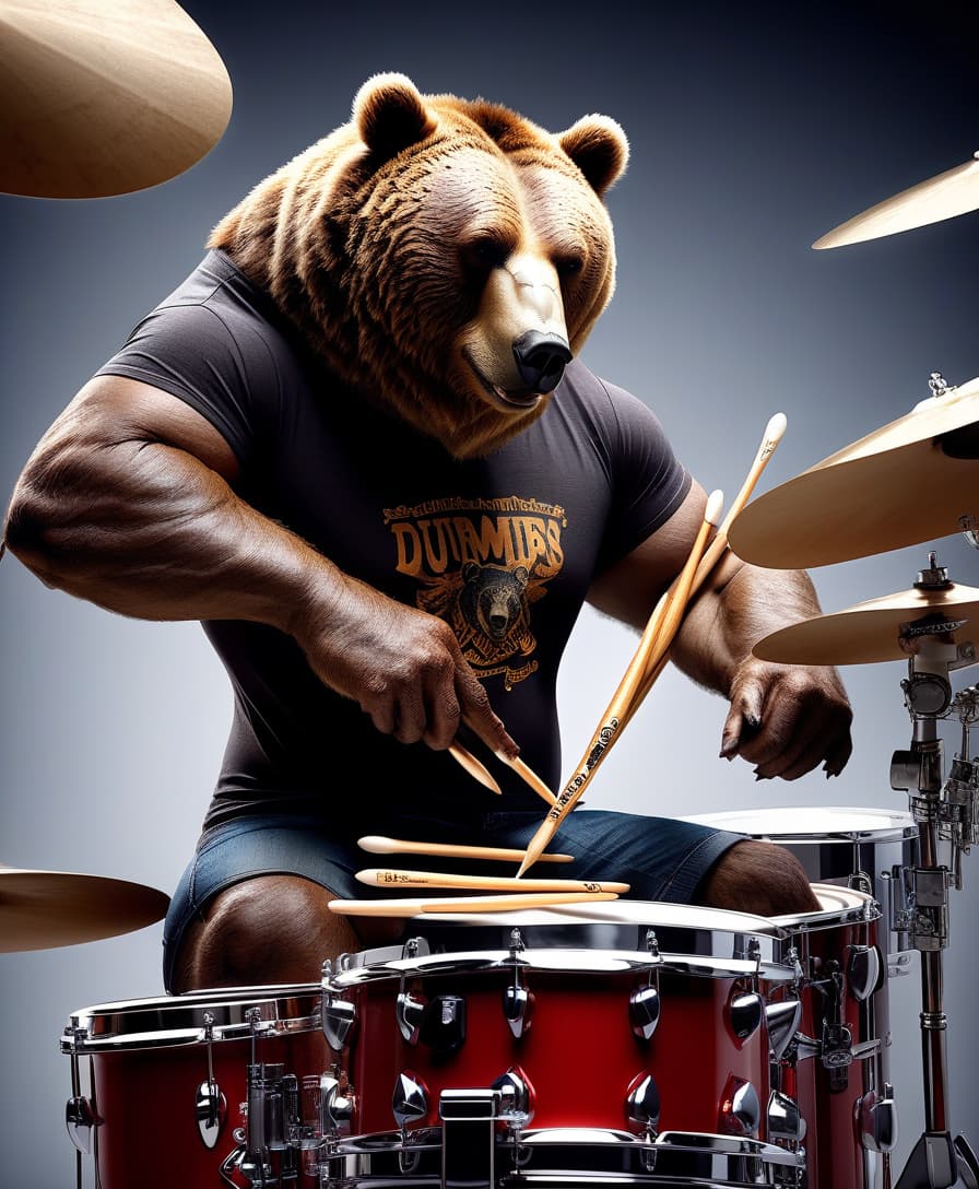  breathtaking tough bear drummer, playing drums with drumsticks . award winning, professional, highly detailed