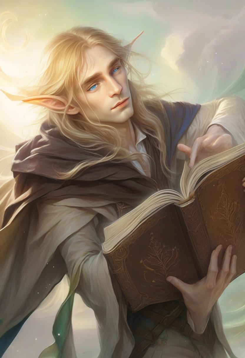  ethereal fantasy concept art of a beautiful elf with long straw hair and blue eyes, dressed in a white shirt and beige pants, hangs a brown cloak on his shoulders, holds an open book in his hands . magnificent, celestial, ethereal, painterly, epic, majestic, magical, fantasy art, cover art, dreamy, hkmagic