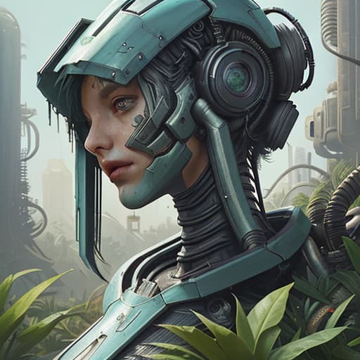  flat style campus painting, close up of plants, mechanical and cyberpunk elements, futurism.