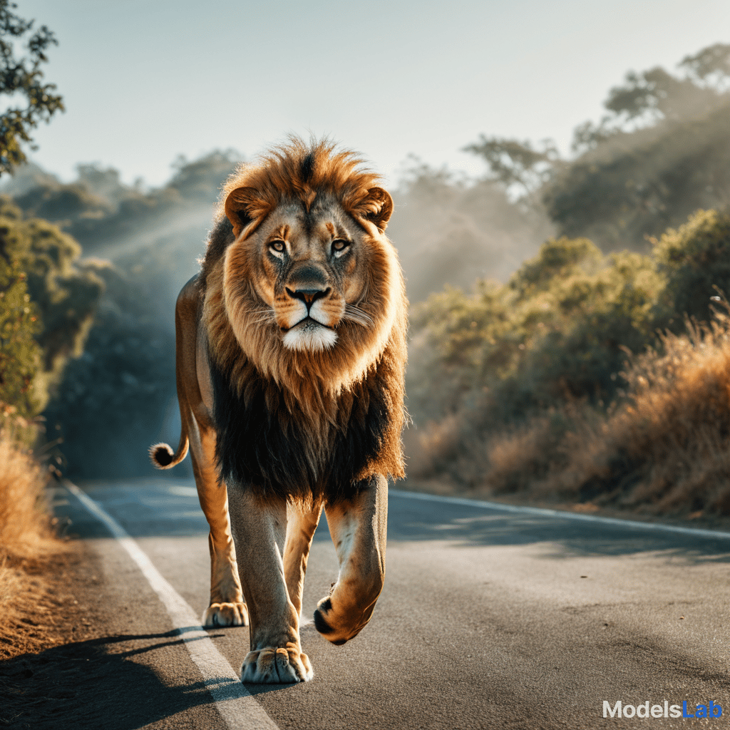  lion speed hyperrealistic, full body, detailed clothing, highly detailed, cinematic lighting, stunningly beautiful, intricate, sharp focus, f/1. 8, 85mm, (centered image composition), (professionally color graded), ((bright soft diffused light)), volumetric fog, trending on instagram, trending on tumblr, HDR 4K, 8K