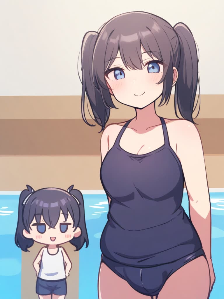  women's elementary students (male), twin tails, cute smiles, (rich s), short stature, dark blue swimwear, old swimwear, swimwear, simple, (bulging), upward, (bulge), front, whole body, pool side, pool side. ,,,