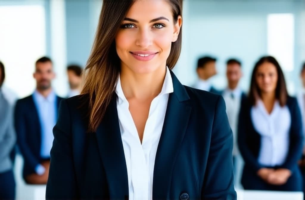  young successful business girl in suit standing in front of blurred crowd of colleagues ar 3:2, (natural skin texture), highly detailed face, depth of field, hyperrealism, soft light, muted colors