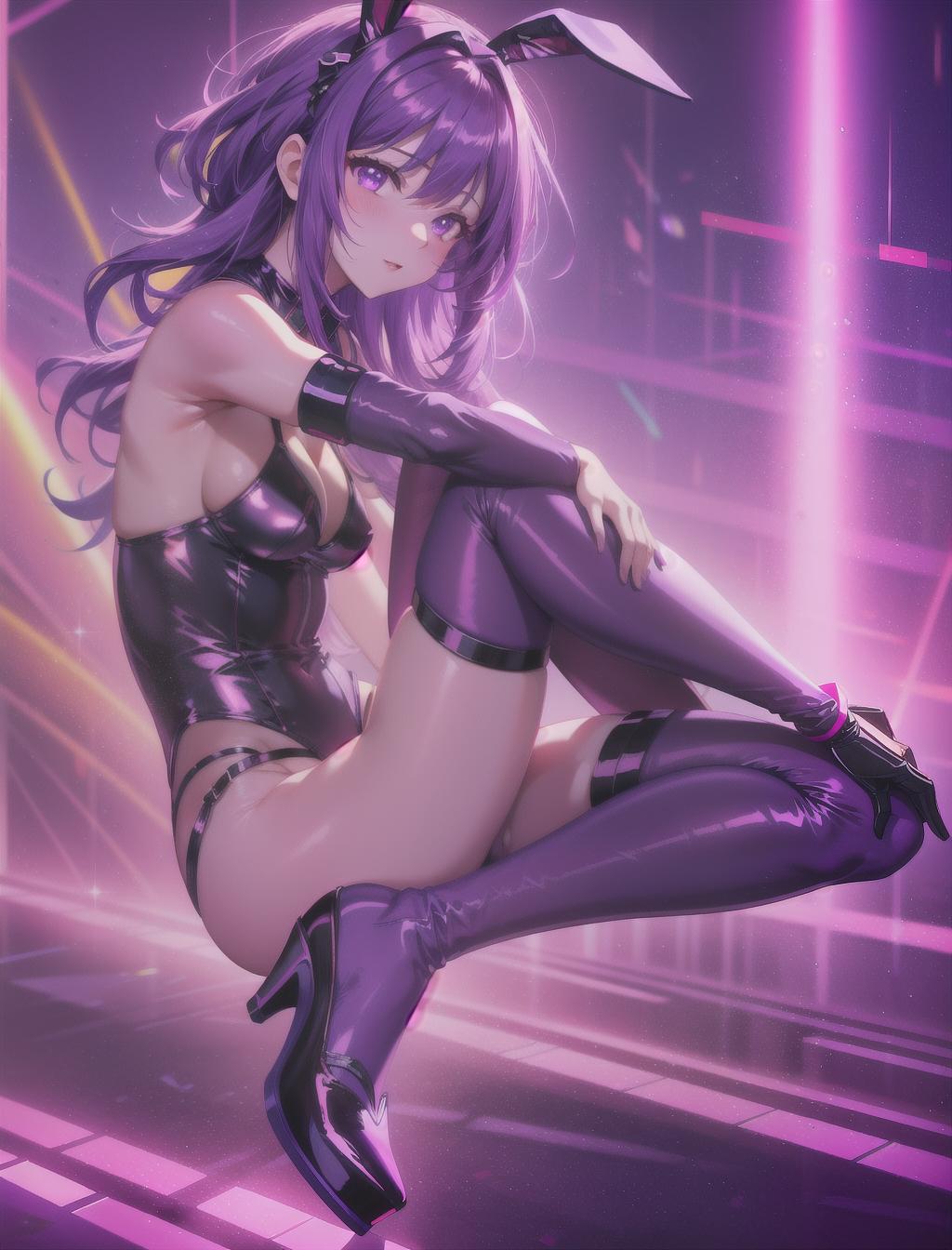  silhouette, solo, close up, masterpiece, best quality, solo, long purple hair, neon purple eyes, thigh highs, heels, bunny female suit, red neon light background, colorful, seductive pose