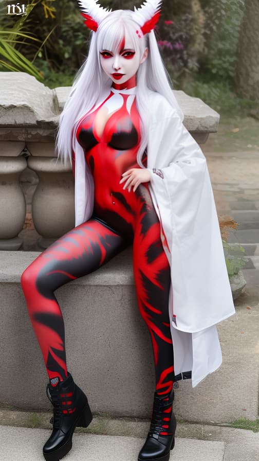  Full body red flame pattern body paint,silver body paint on the whole body, White face paint on the face, succubus 女性