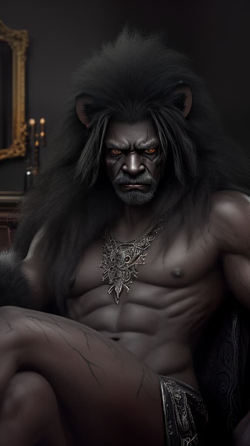  the fusion of black lion man, old and wounded, covered with fur, sitting on the big black and brown couch, he grins maliciously and angry, with intricate details, in the dark empty room, horror theme, natural light, hdr, best quality, highly detailed, masterpiece, perfect anatomy, beautiful and detailed eyes, realistic detailed skin texture, detailed hair, fantasy aesthetic style, realistic light and shadow, real and delicate background