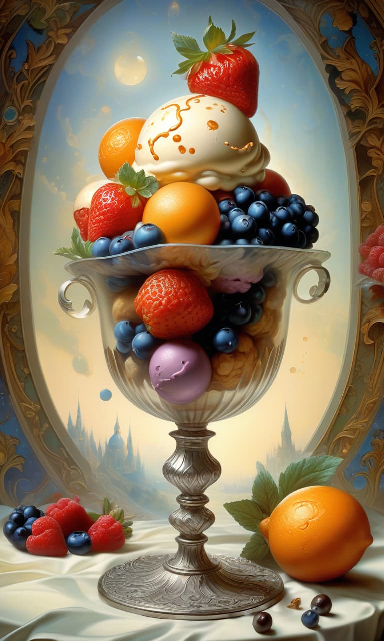  retro game art digital art, (double exposure:1.3). multi colored balls of creamy ice cream in elegant crystal vase ((cream: 1.5) with (frost effect: 1.5)) with an orange slice, wafer pieces, chocolate chips, strawberries, blueberries, blackberries, raspberries, a mint leaf, a cinnamon stick, a smoky fractal, an elegant silver spoon. effectmagic, mysticism, fairy tales, in the environment of fantasy art, arabesques, sparkle, a splash of fantasy, unearthly lighting effects, a breathtaking color palette, extremely detailed, in high resolution 10k. surrealism, realism, fantasy, baroque, renaissance. imagination and skill. in the manner of julia dillon, van gogh, salvador dali, mika asai, alfons mucha, robert bateman, thomas kinkade, fragonard. 