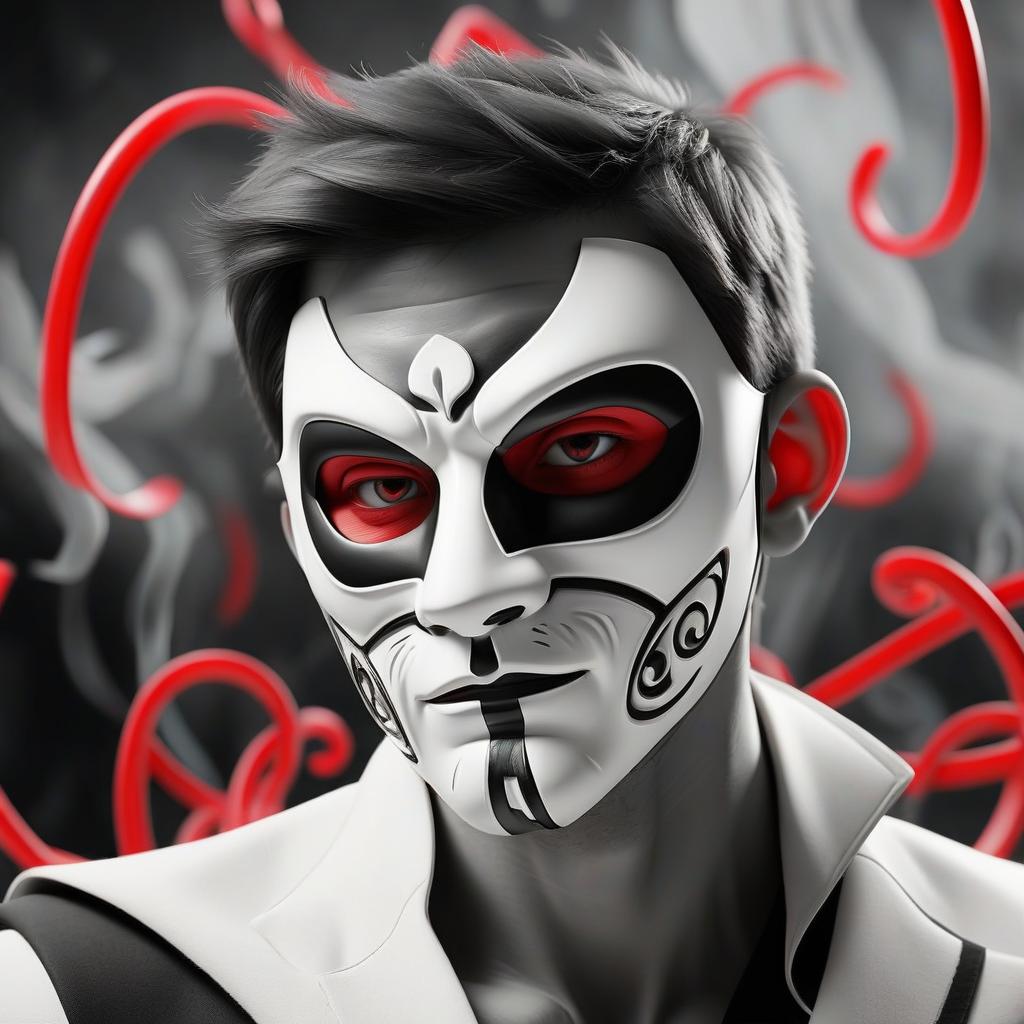  man in mask, black and white image with red elements, high quality