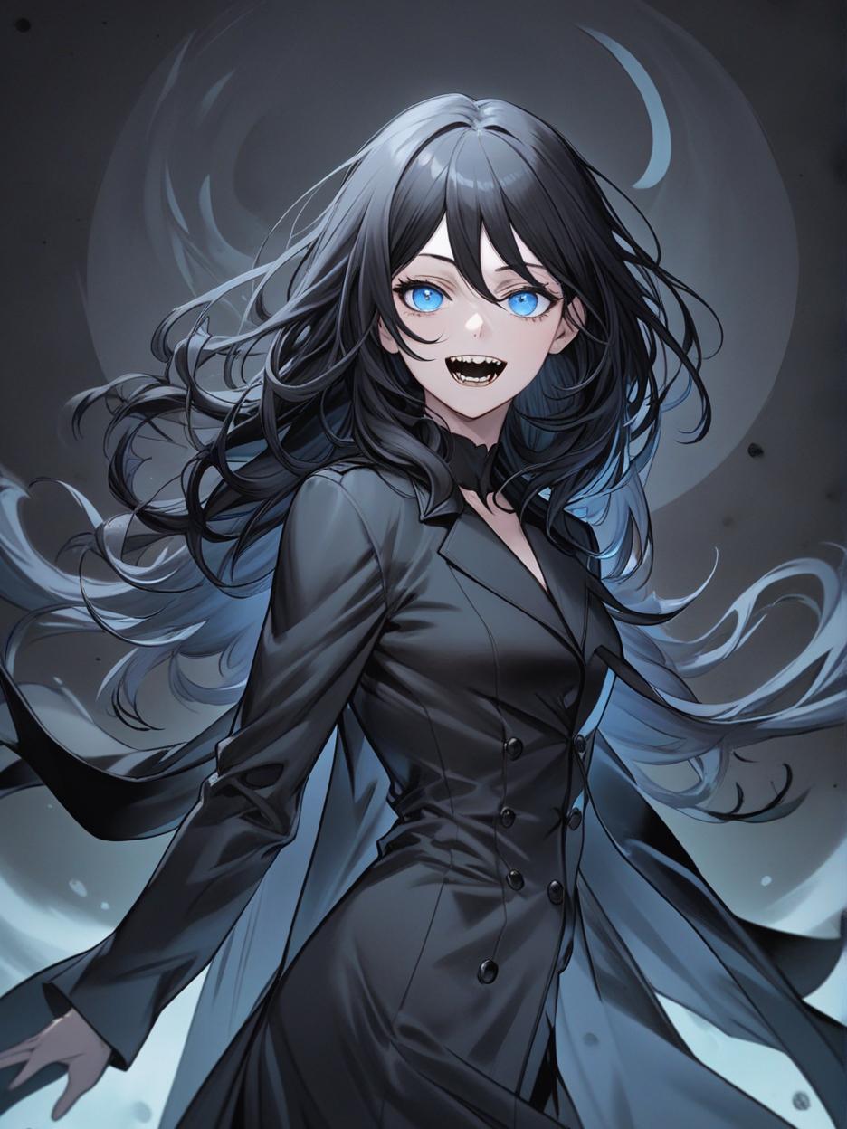  manga artwork a woman with sharp teeth. light blue eyes. it has long black hair that flows freely, giving it a mysterious and imposing air. he wears a long black coat with wavy edges, which appear to be in constant motion, adding a sense of dynamism to his appearance. the coat is open at the front, revealing a fitted black outfit underneath, which highlights her slender and athletic figure. her pose is confident and slightly dynamic, with one hand extended outwards, as if reaching for something or making a meaningful gesture. the background is a solid black, with an aura like circle framing the character's head, enhancing his silhouette and giving him an almost otherworldly look. hyper realistic atmospheres, detail, 8k. manga artist. manga