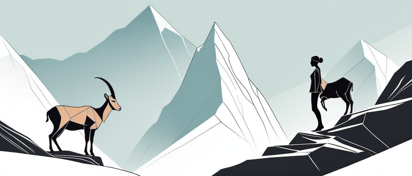  minimalism, a girl and a ibex are looking to each other on the rock in the mountains, abstract, simple geometic shapes, hard edges, sleek contours, minimalism