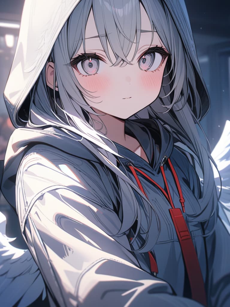  cute, subculture, gray hair, moe sleeve, odd eye, hoodie, light blue, angel, genius, masterpiece, best quality,8k,ultra detailed,high resolution,an extremely delicate and beautiful,hyper detail