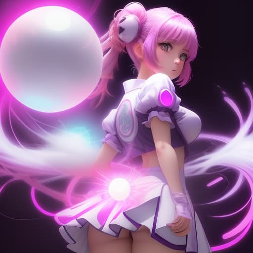  an anime girl with a huge shining white ball behind her back, and all the photos are made in neon pink and purple tones