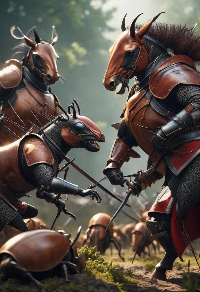  fighting game style wild people ants fight against horse knights . dynamic, vibrant, action packed, detailed character design, reminiscent of fighting video games hyperrealistic, full body, detailed clothing, highly detailed, cinematic lighting, stunningly beautiful, intricate, sharp focus, f/1. 8, 85mm, (centered image composition), (professionally color graded), ((bright soft diffused light)), volumetric fog, trending on instagram, trending on tumblr, HDR 4K, 8K