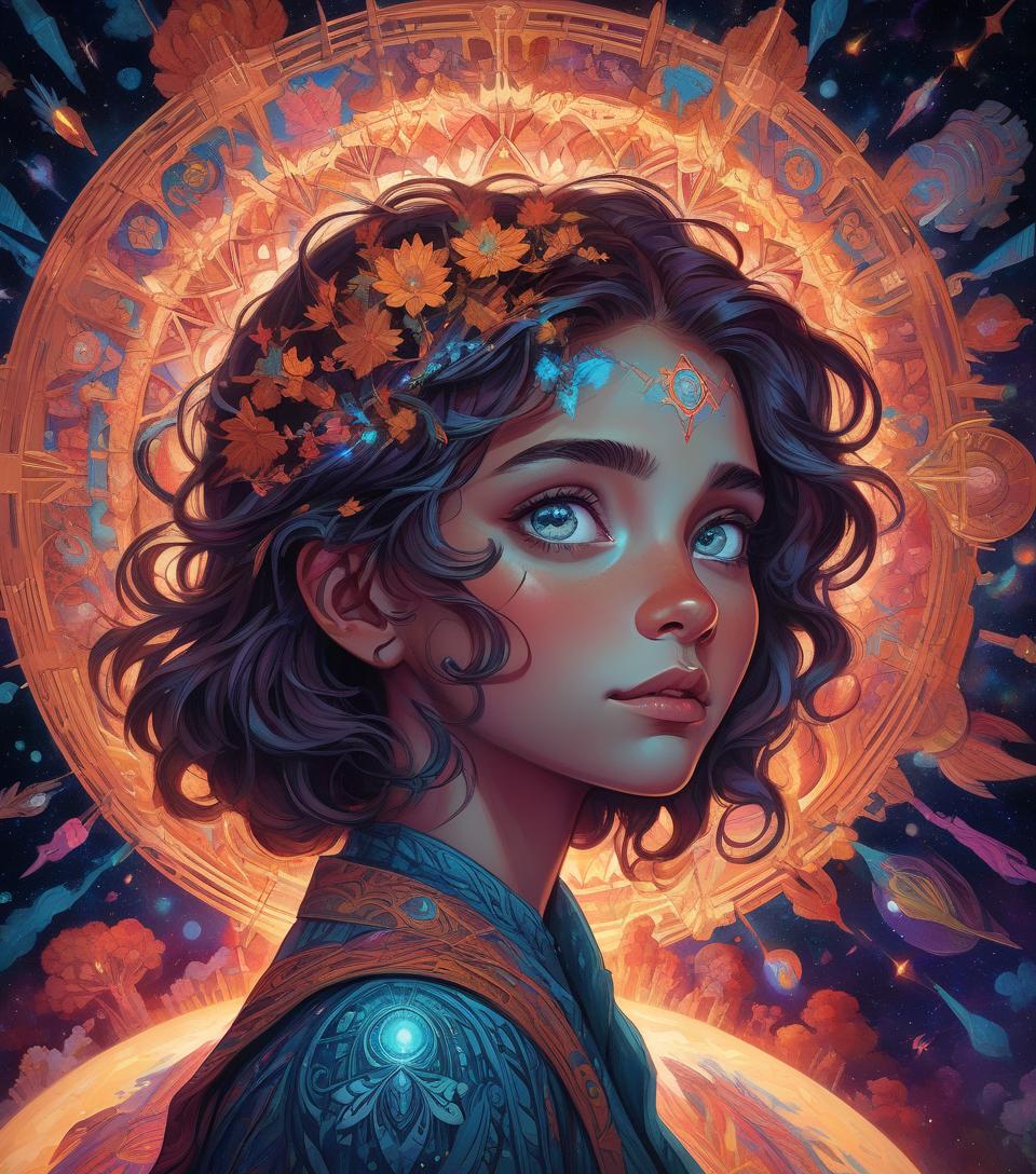  a girl with kaleidoscope eyes, vivid, expressive , centered, symmetry, painted, intricate, volumetric lighting, beautiful, rich deep colors masterpiece, sharp focus, ultra detailed, in the style of dan mumford and marc simonetti, astrophotography