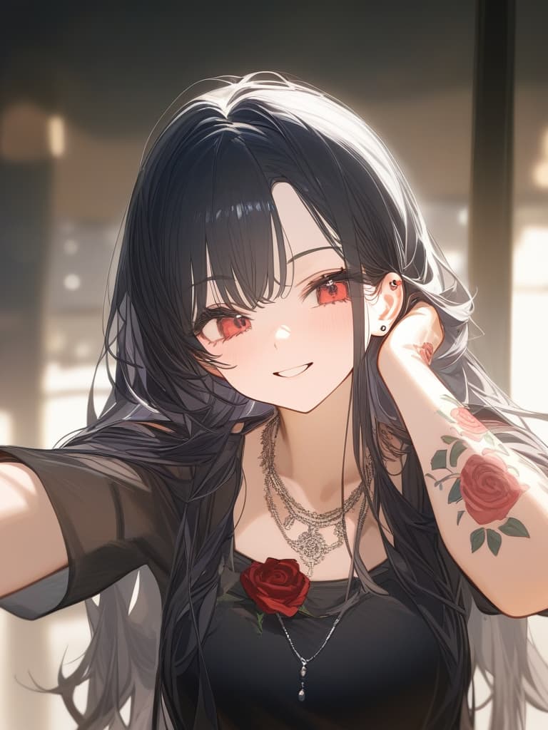  long hair, black hair, hair tips are pink, red eyes, hanging, bangs, and length of bangs, adults, adult faces, piercings, necklaces, hair are light pink and black, thin makeup on the arm. there is a rose tattoo, a rose tattoo on your arm, smiling, masterpiece, best quality,8k,ultra detailed,high resolution,an extremely delicate and beautiful,hyper detail