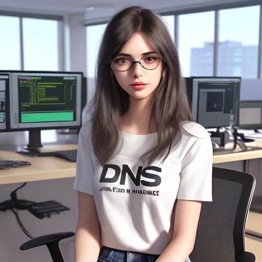  a young woman sitting in front of two computer screens a picture of a beautiful girl with black glasses in a t shirt with the inscription “dns” in large letters, in a sitting position in the office of an it company, behind the girl you can see personal computers and monitors with the image of graphics., (3d render:1.25), realistic, dark, epic, (detailed:1.22), textured