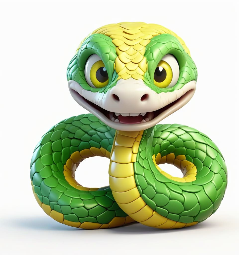  sweet kind cartoon character in the form of a curled snake of green color with detailed scaly skin, 3d in full growth on a white background in a santa cap