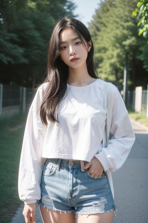  vibrant outdoor portrait of a young woman with fair skin and long, straight black hair. she is wearing a light pink, long sleeved jacket over a white t shirt, paired with high waisted light blue denim shorts. she carries a white backpack with black straps on her shoulder. the background features a modern architectural structure with white beams and lush green trees, some of which are illuminated with pink lights. the word \'wonder\' is prominently displayed at the bottom center of the image in a clean, white sans serif font, with additional smaller text below it., advertising photo,high quality, good proportion, masterpiece , the image is captured with an 8k camera