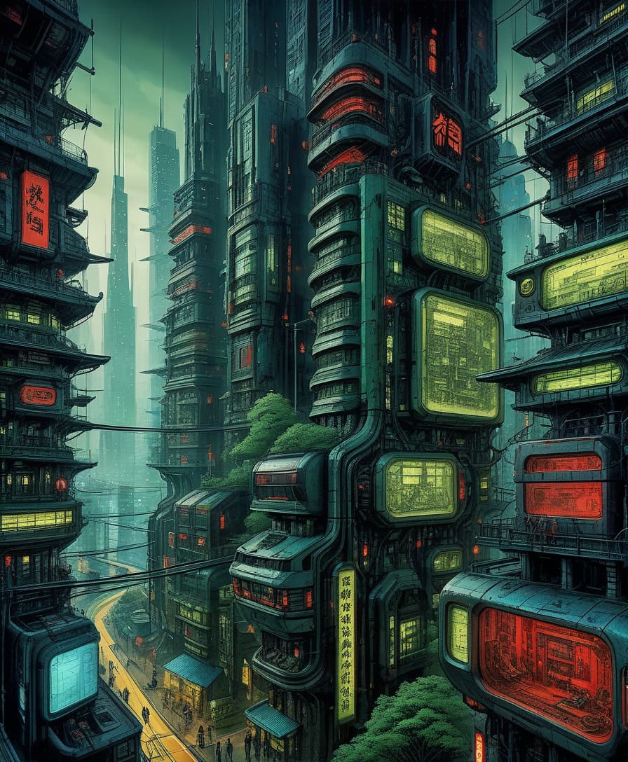  biomechanical cyberpunk japan, chinese, night, dream, nightmare, darkness, green nature city, futuristic city, national city, colorful, massively, huge area, many details, red, green, black, blue, yellow, city, big city, 1920x1080 resolution, full hd v 4 stylization 500 . cybernetics, human machine fusion, dystopian, organic meets artificial, dark, intricate, highly detailed, oil painting, on parchment