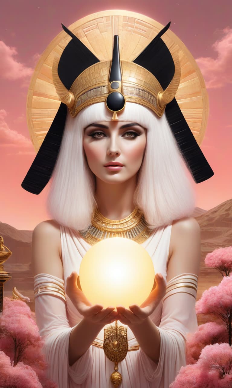  concept art pink, black, white, gold cleopatra holds the sun in her hands hair . digital artwork, illustrative, painterly, matte painting, highly detailed, perfect hands