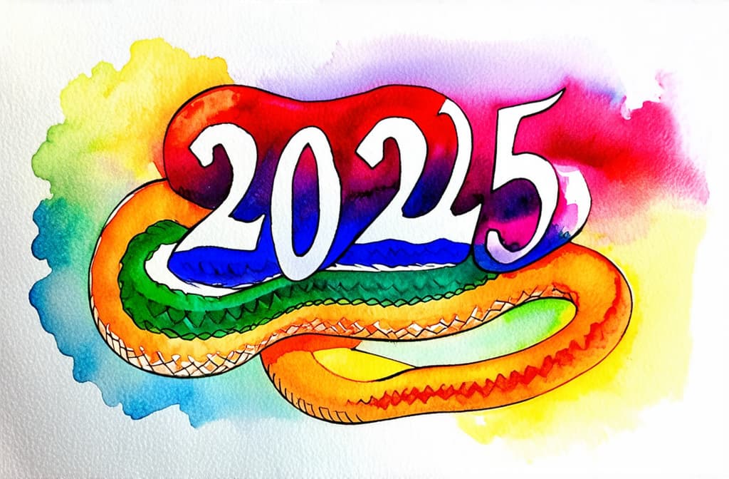  artwork snake around the inscription "2025" ar 3:2, watercolor techniques, featuring fluid colors, subtle gradients, transparency associated with watercolor art