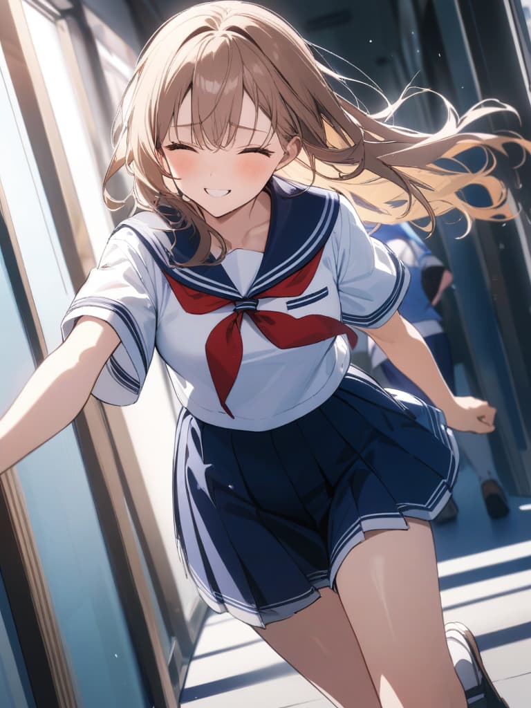  girls, high school girls, high school students, running, smiles, full smiles, running in the corridor, sailor uniforms, narrow eyes, problematic children, close their eyes, fluttering hair, masterpiece, best quality,8k,ultra detailed,high resolution,an extremely delicate and beautiful,hyper detail