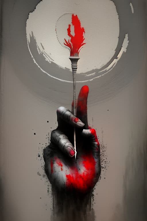  ancient rus, hand in glove holds a large needle. everything is painted with brush and paints, watercolor, blur, smooth shadows. gloomy, many shadows, black, red, gray, ash, white., (surrealism), dreamlike , distorted , abstract , symbolic