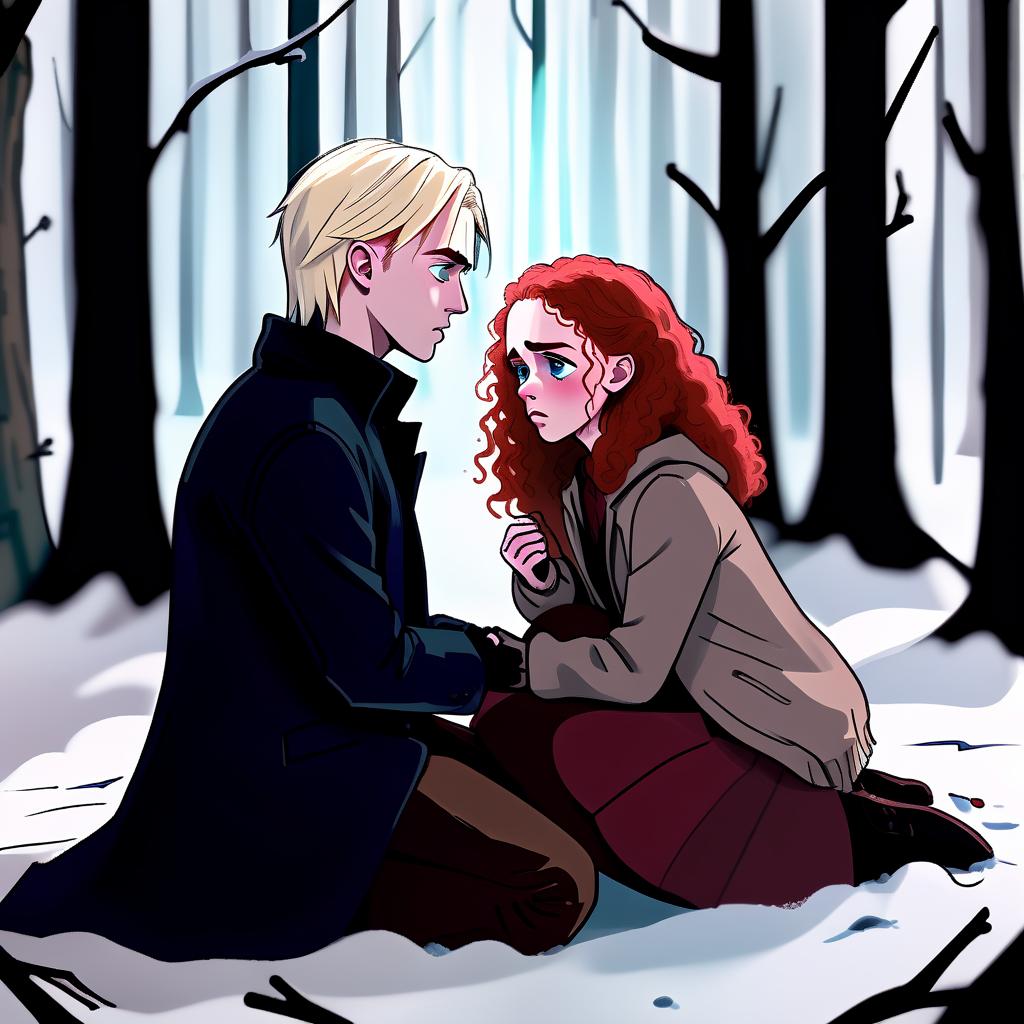  horror themed two people in the picture. hermione granger and draco malfoy. a guy with a girl on the background of a snowy forest. the picture should feel tension, fear. they sit on their knees and look at each other. the girl holds his hands and cries. their hands are stained in red. the guy has white hair and blue eyes, dark eyebrows. the girl has red curly hair, brown eyes. picture gloomy, frightening . eerie, unsettling, dark, spooky, suspenseful, grim, highly detailed