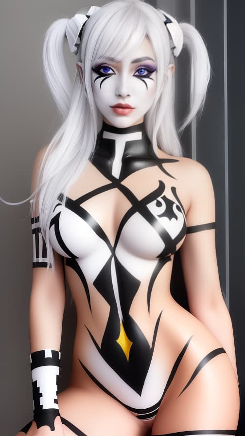  Chessboard check body paint in every corner of the body, Silver body paint all over the body,White face paint on the face, Dark elf 女性