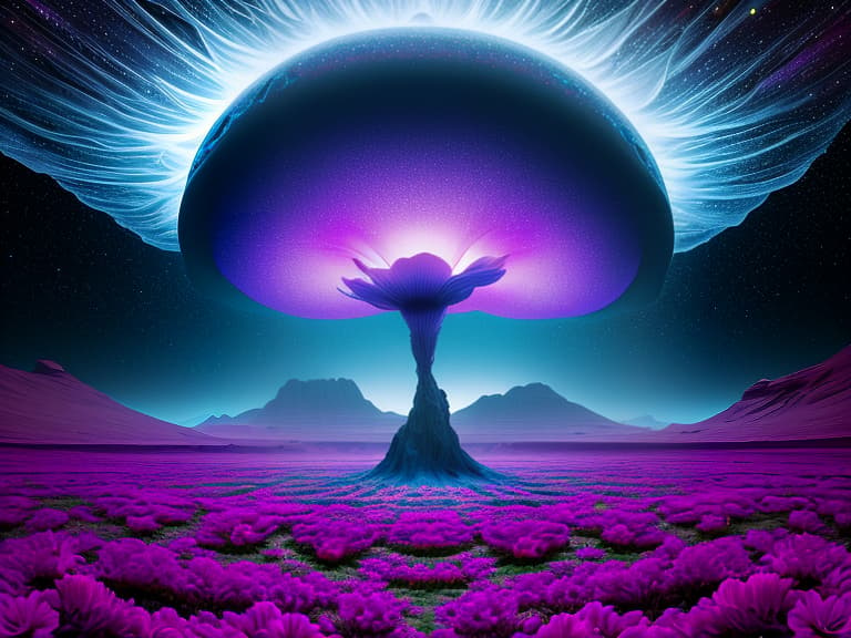  galaxy and lone extraterrestrial flower grows on a large lifeless planet, space, deep meaning, clear and beautiful picture 8k, (surrealism), dreamlike , distorted , abstract , symbolic