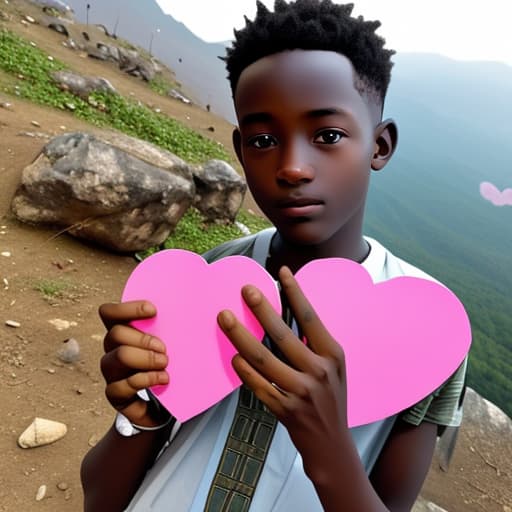  Ghanaian boy holding a heart in his hands on a mountain