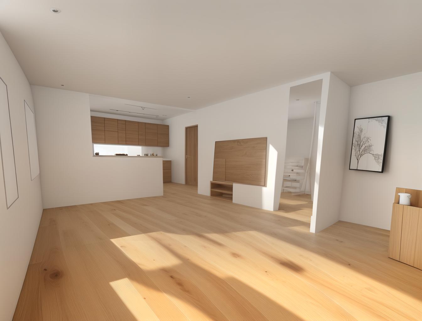  produce a photorealistic rendering of a minimalist living room with a wooden floor. the space should feature a simple, modern sofa as the focal point, with clean lines and neutral colors that complement the natural wood grain of the flooring.