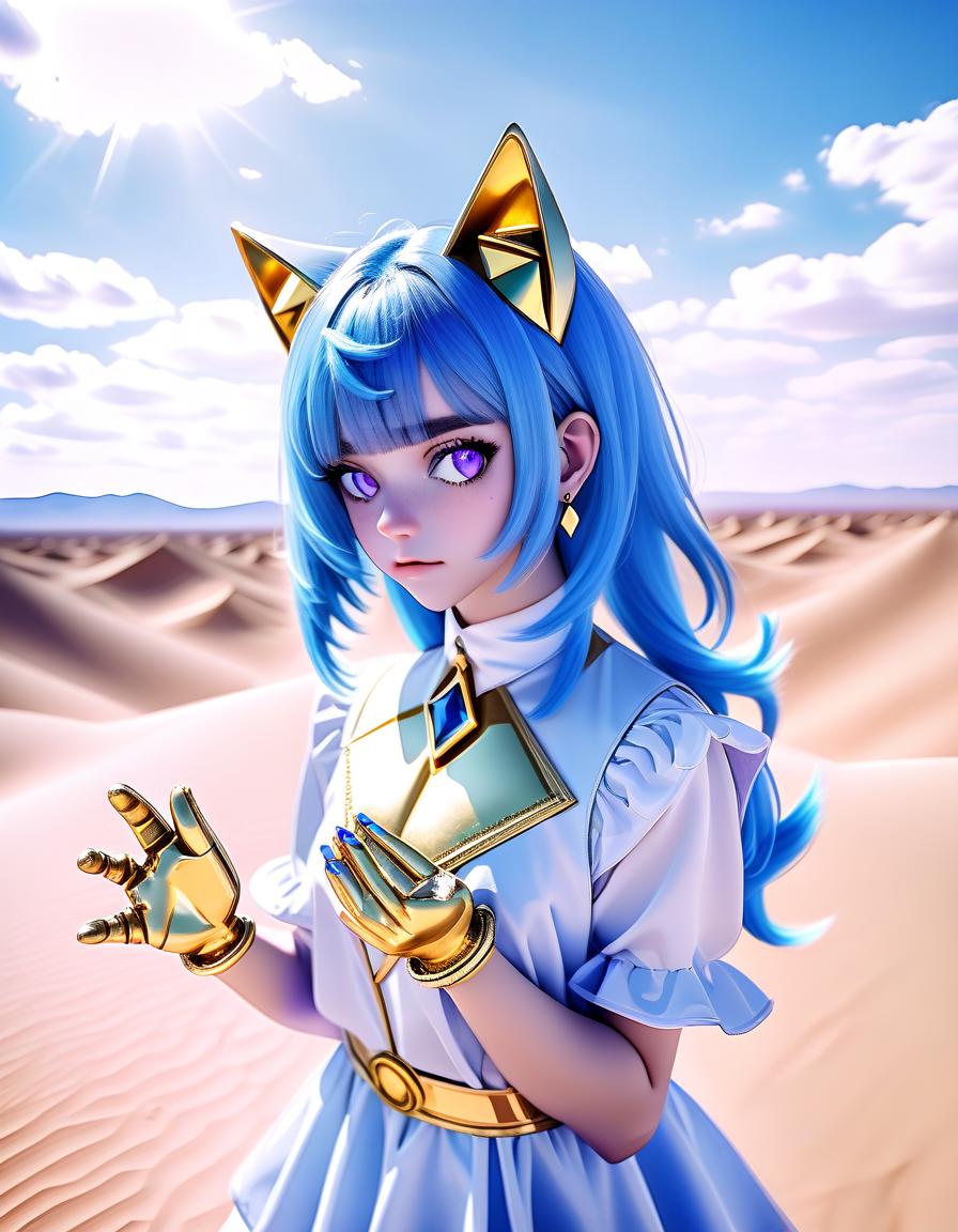  cinematic photo the with blue hair. you should. gold rim decoration with golden cat ears. large amethyst in seridine jewelry. azure shiny eyes of the aimed at me. two gold celets on shoulders and hands. s. in the desert. bright blue sky. white clouds. maximum quality . 35mm photograph, film, bokeh, professional, 4k, highly detailed