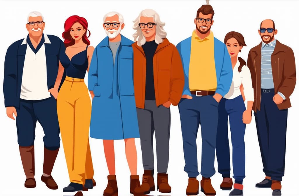  crowd of young and old men and women in trendy hipster clothes. diverse group of stylish people standing together. society or population, social diversity. flat cartoon vector illustration. ar 3:2 {prompt}, maximum details