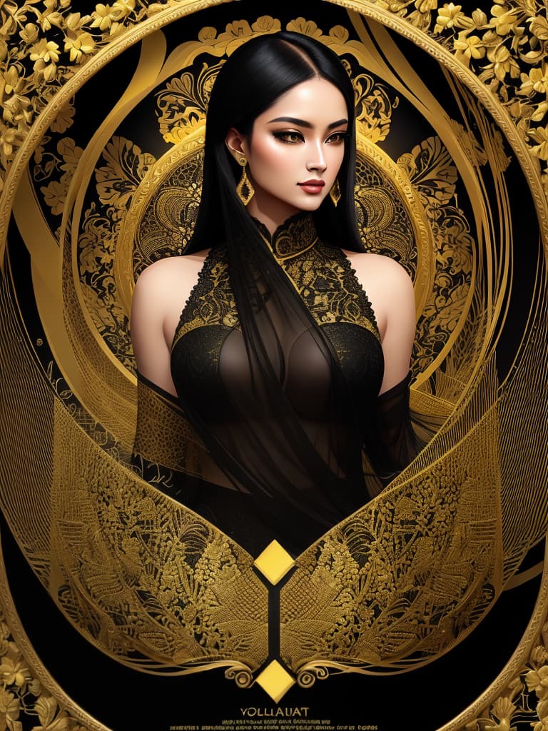  Golden yellow and sleek black color palette, captivating and inviting expression, exuding elegance and charm, magnetic beauty, intricate details, high contrast, luxurious feel, digital art, female, glossy finish, striking composition, dynamic lighting to enhance features.