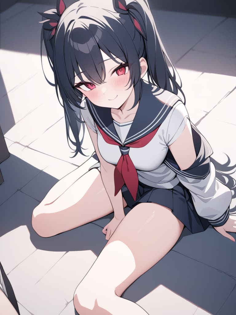  illness, twin tail, sailor suit, menhera, yandere, sitting on the ground, smile, masterpiece, best quality,8k,ultra detailed,high resolution,an extremely delicate and beautiful,hyper detail