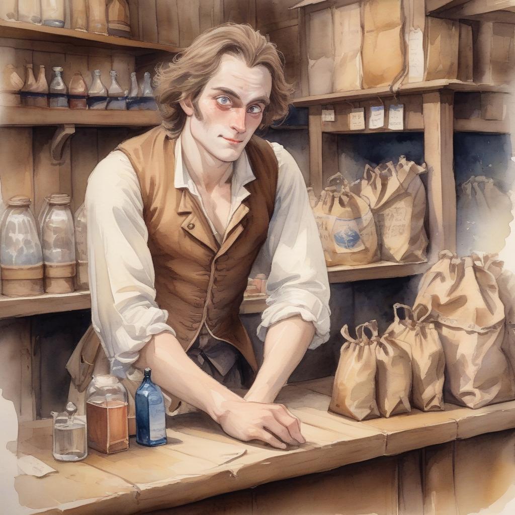  watercolor painting pale guy with bags under his eyes behind a tavern counter, brown hair gathered in a tail, 18th century clothes . vibrant, beautiful, painterly, detailed, textural, artistic