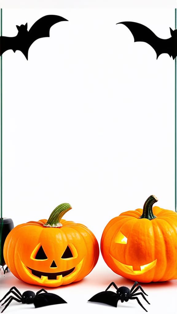  halloween holiday. flatly on a white background. pumpkins, bats and spiders. copyspace. postcard with frame. ar 9:16 {prompt}, maximum details