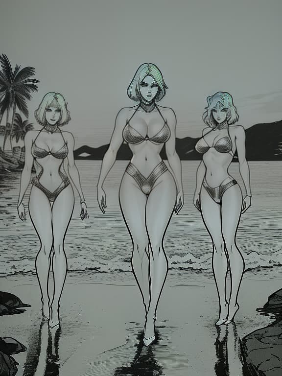  three blonde girls with short hair, two gingers, a brunette's tail around the sea and a palm, sketch, manga sketch, pencil drawing, black and white, manga, manga style, low detail, line art, vector art, monochromatic, by katsuhiro otomo and masamune shirow and studio ghilibi and yukito kishiro hyperrealistic, full body, detailed clothing, highly detailed, cinematic lighting, stunningly beautiful, intricate, sharp focus, f/1. 8, 85mm, (centered image composition), (professionally color graded), ((bright soft diffused light)), volumetric fog, trending on instagram, trending on tumblr, HDR 4K, 8K