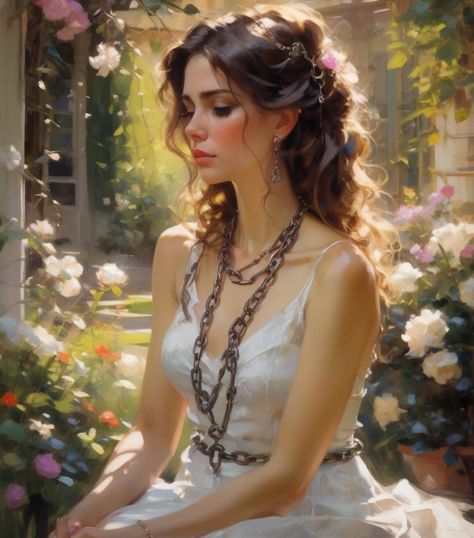  a charming lady sitting in a beautiful garden, chains around her neck, tears running down her cheeks. michael garmash, daniel f gerhartz, jeremy mann