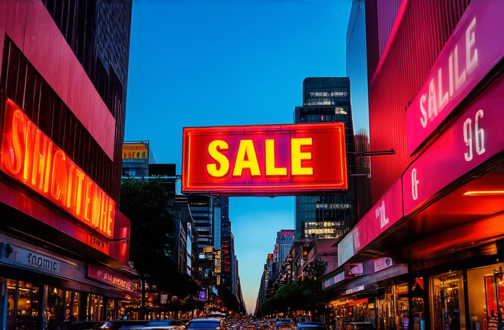  big neon sign showing "sale" in the center of city street {prompt}, maximum details