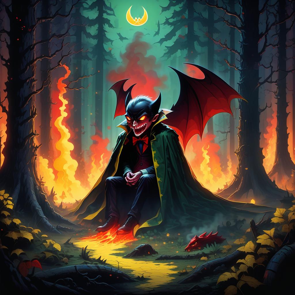  retro game art in a gloomy forest, a toothy vampire sits and looks at the fiery creatures shrouded in yellow smoke with red threads of green sparks moon star rays of white light . 16 bit, vibrant colors, pixelated, nostalgic, charming, fun