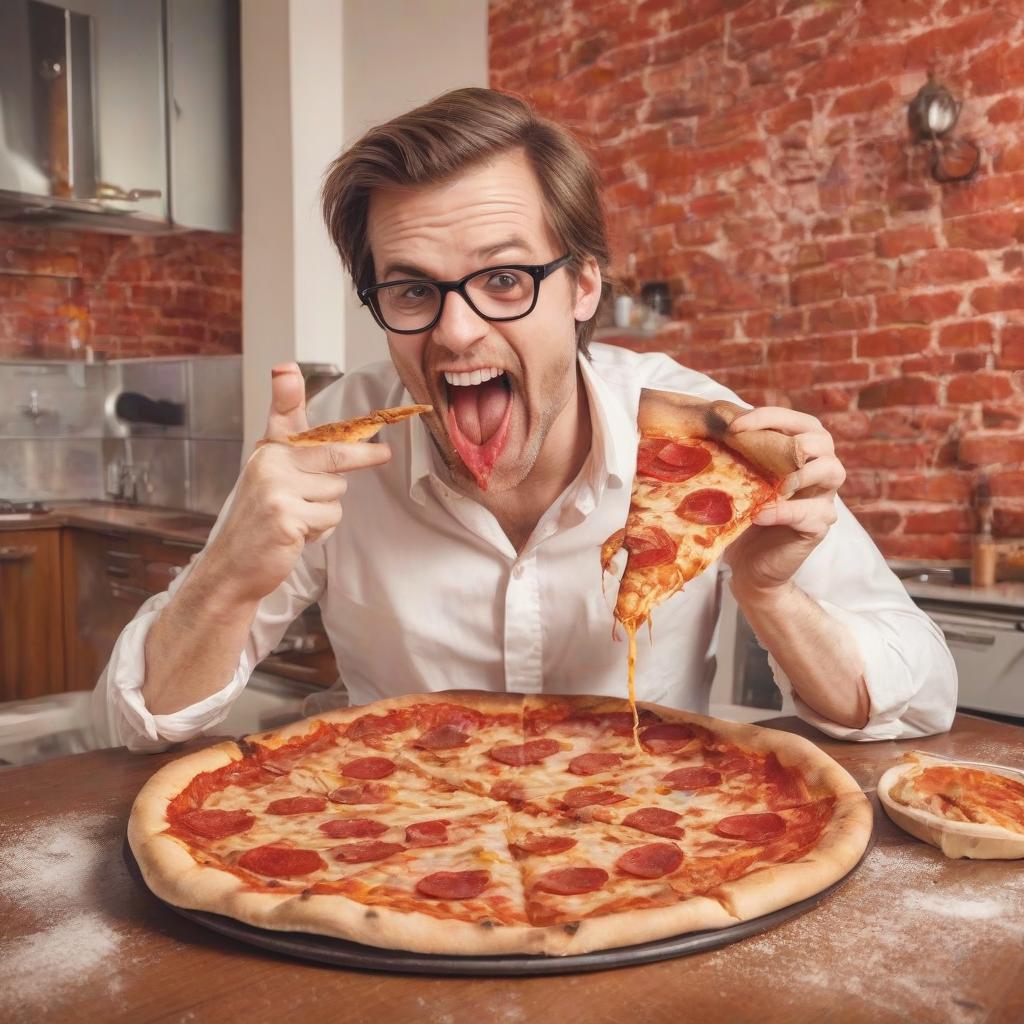  comedian. a vein with huge teeth and a long tongue dines, on the table lies a delicious beautiful huge pizza, in a luxurious apartment, two colored tones, excellent graphics