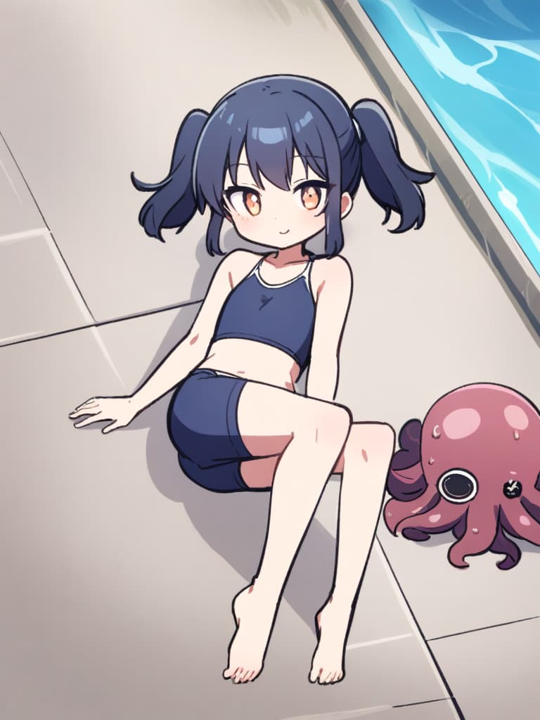  women's elementary , twin tails, cute smiles, rich s, low stature, dark blue swimwear, old swimwear, swimwear, simple, male, shaped clear penalties, shaped clear phimosis,, octopus, male (bulging), male (bulging). front, whole body, pool side,