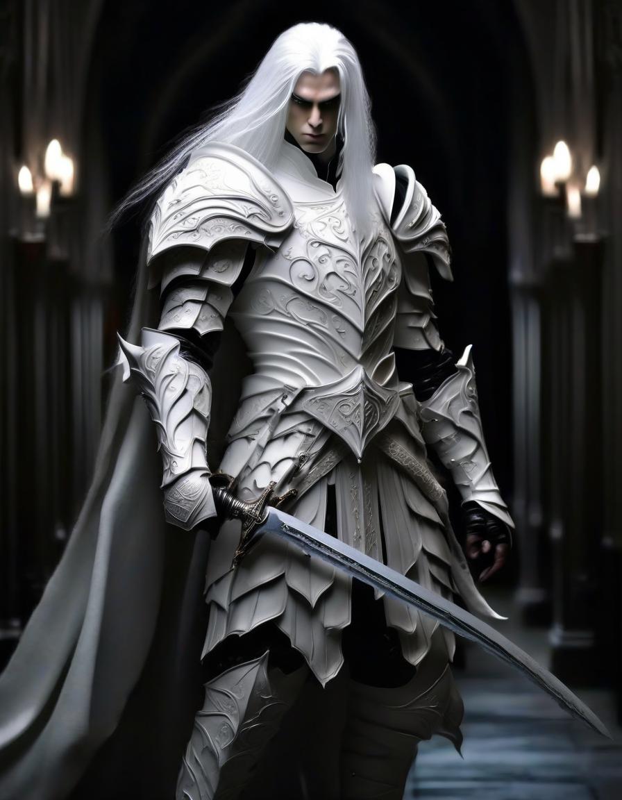  macabre style a noble white elf with black hair. in white leather openwork armor, white leather shoulder pads, white leather elbow pads, with a long sword in his hand, standing in a dark hall. . dark, gothic, grim, haunting, highly detailed, perfecteyes, perfect hands