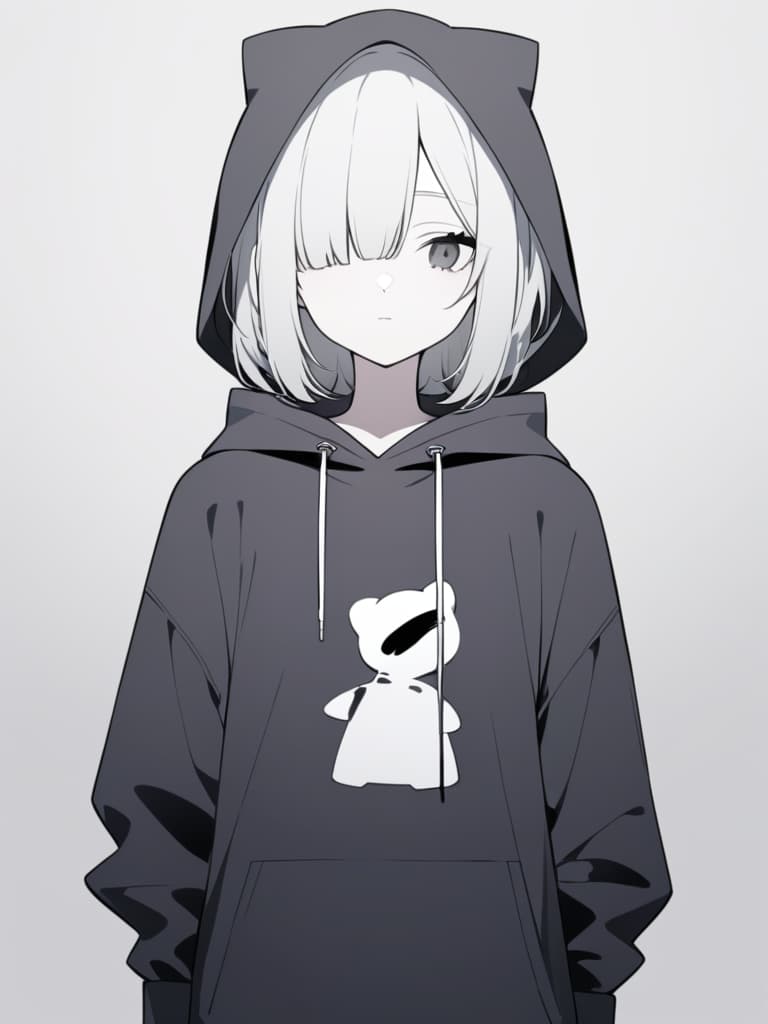  a minimalist digital illustration of a character wearing a plain,oversized black hoodie with the hood up,creating a mysterious and low key atmosphere.the character's face is obscured by a simple white paper mask that has two minimalistic vertical lines for eyes and a single tear running down from one eye. the mask is held in place with a small paperclip at the top. the character's overall appearance is quiet and reserved,with shoulder length hair visible beneath the hood. the background should be simple,preferably a blank or light colored space to emphasize the character's isolated and somber mood. the art style should remain sketchy and minimalistic,using mostly monochromatic tones with small accents like the tear to convey emotion.